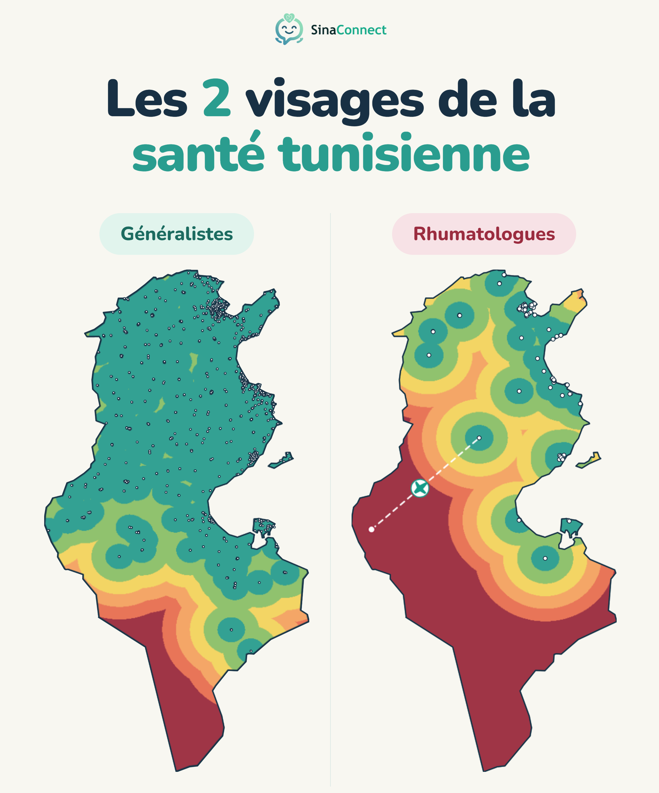 Carte comparative de la Tunisie : distance au généraliste le plus proche à gauche, au rhumatologue le plus proche à droite